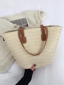 编织纯色单肩托特包，大容量手提包，时尚女士休闲包，沙滩必备品，夏季女士包，非常适合旅行、度假、假日和海滩