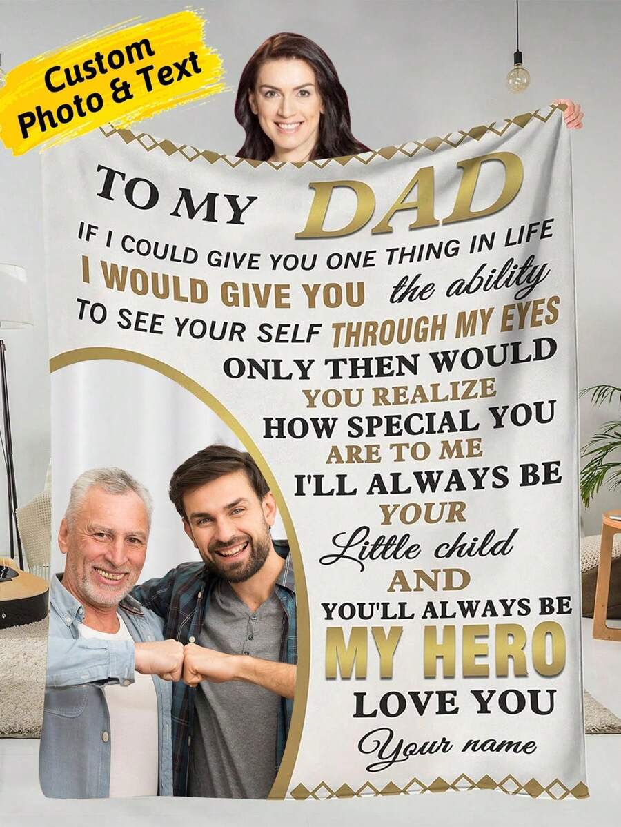 1pc Custom Photo And Text To My Dad Fathers Day Blanket, My Hero Love You Blanket, 5 Sizes For You, For Father Birthday Gifts From Son Daughter, Personalized Gift For Father From Children, Ideal For Birthdays, Father's Day