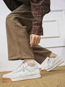 男士休闲厚底运动鞋，适合派对，户外春夏季，厚防滑鞋底，系带圆头坡跟布面跑步鞋 - 白色 - 查看 4