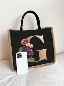 Casual Tote Bags For Women, Large Capacity Shopping Bag, Linen Beach Tote Bag, Gold 26 Letter Print Commuter Tote Bag, Jute Tote Bag Women's Shopping Bag, Gold Lettering And Flowers, Large Capacity Reusable Shopping Bag, Summer Essentials, Perfect For Vacation & Holiday, School Bag, Portable, Large Capacity, For Teen Girls Women College Students, Perfect For Office, College, Middle School ,Vacation Essentials - Black - View 3