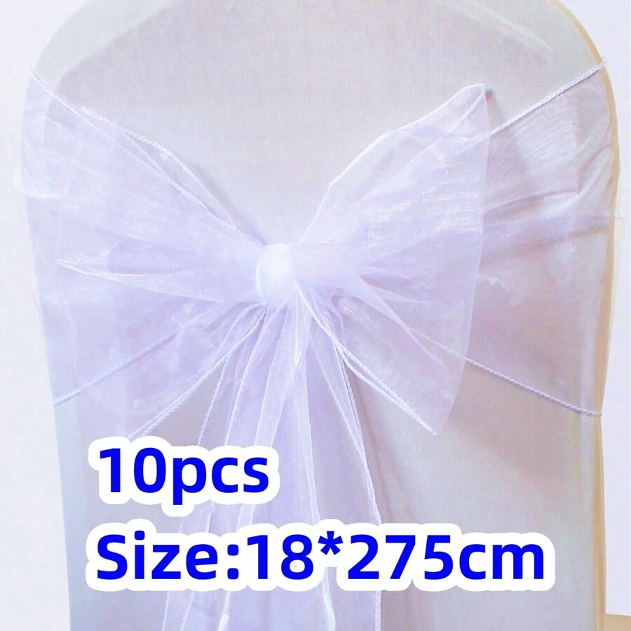 10pcs Organza Chair Sash Bow For Wedding Banquet Party Event Decoration, Organza Fabric Staircase Canopy Flower Wedding Decoration, Graduation Prom Ceremony Party Background Decor, Interactive Party Atmosphere Decor, Gift Wrapping Ribbon Decor - White - View 1