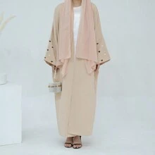 1 pieza de bata larga abayas de manga murciélago con bordado de corazón en la manga, de unicolor casual elegante y lujo, adecuada para vida diaria y reuniones festivas. - Beis - Ver 3