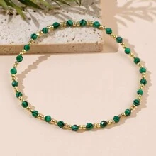 1條波西米亞風格的鍍18K金2mm銅人造珍珠孔雀石半寶石手鍊精品珠子手鍊2024女士時尚度假珠寶禮物 - 彩色 - 查看 6
