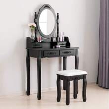Vanity Table,Makeup Dressing Table With Oval Mirror,Bedroom Vanity Set W/Cushioned Stool 4 Drawers Women Girls Kids Blac - 黑色 - 查看 1