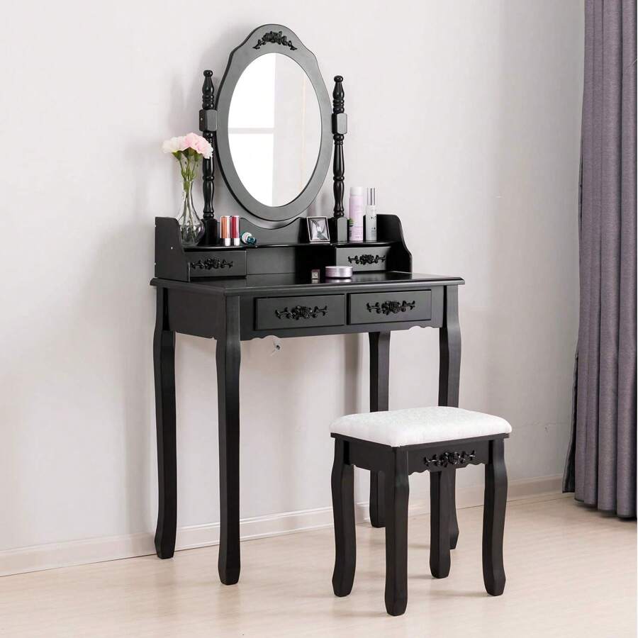 Vanity Table,Makeup Dressing Table With Oval Mirror,Bedroom Vanity Set W/Cushioned Stool 4 Drawers Women Girls Kids Blac - 黑色 - 查看 1