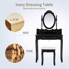Vanity Table,Makeup Dressing Table With Oval Mirror,Bedroom Vanity Set W/Cushioned Stool 4 Drawers Women Girls Kids Blac - 黑色 - 查看 4