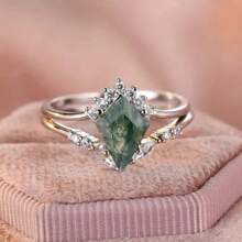 1pc Elegant Sterling Silver Princess Cut Green Agate With Cubic Zirconia & Small White Stones Bridal Set Ring, Suitable For Engagement, Anniversary, Birthday, Or Wedding Gift