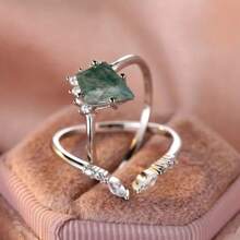 1pc Elegant Sterling Silver Princess Cut Green Agate With Cubic Zirconia & Small White Stones Bridal Set Ring, Suitable For Engagement, Anniversary, Birthday, Or Wedding Gift