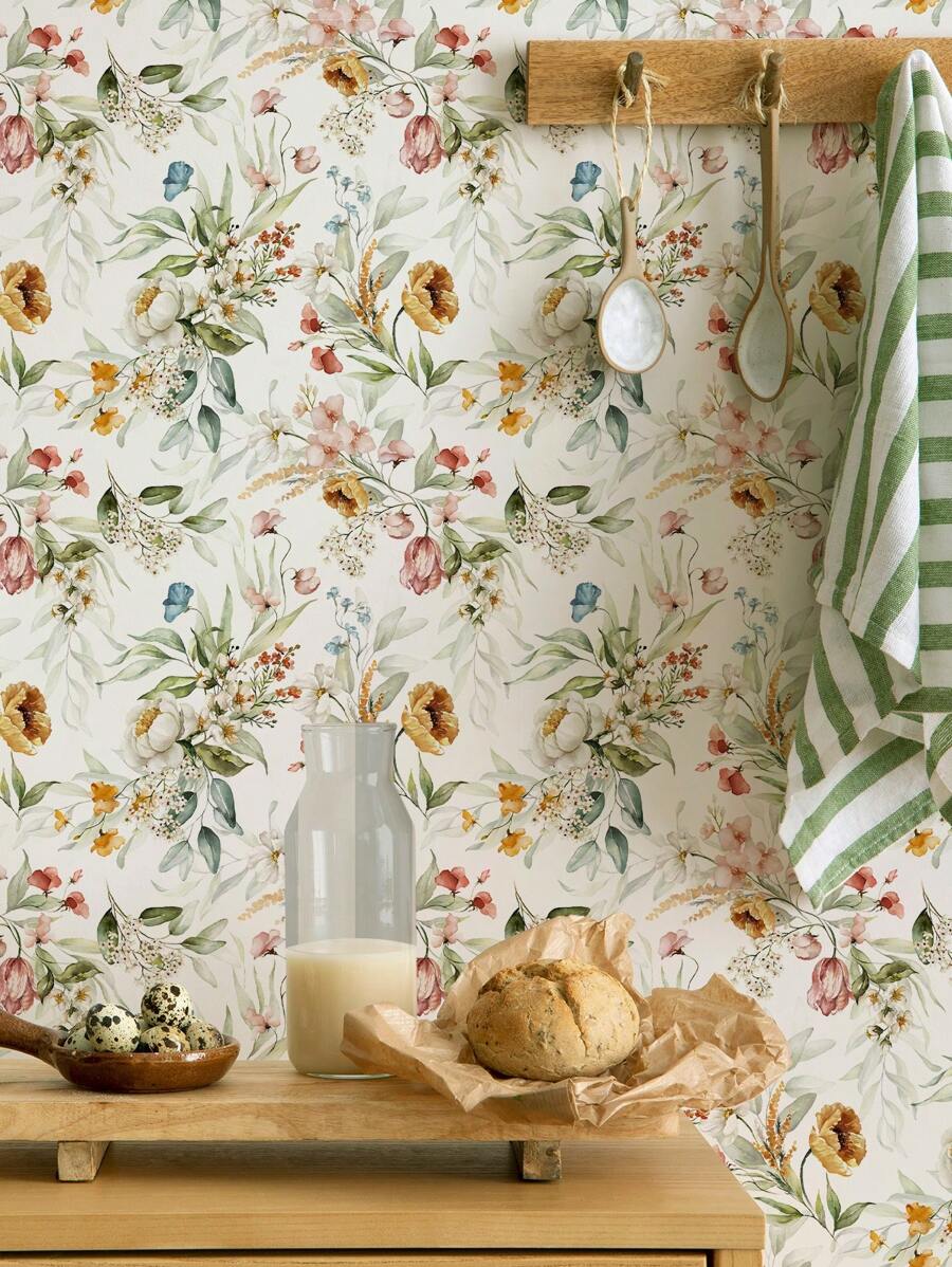 SUPSTICKER 1roll 15.75X47.24/118.11/196.85inch Three Sizes Available--Seamless Watercolour Floral Pattern Self-Adhesive Waterproof Decorative Landscaping Wallpaper Thickened Self-Adhesive Does Not Warp Peel And Stick Refurbishment Remodelling Stickers,Renovation Stickers Peel Wall Panels,Wall Paper, Wallpapers,Spring Decoration Items Refresh Your Home,Rama Decoration Stickers - Multicolor - View 1