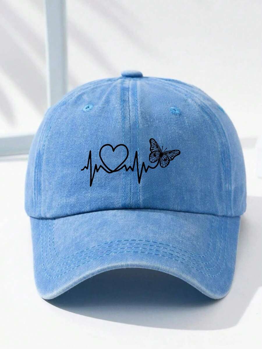 心跳蝴蝶印花棒球帽，复古水洗老爹帽，透气可调节太阳帽，适合女士情人节 - 藍色 - 查看 1