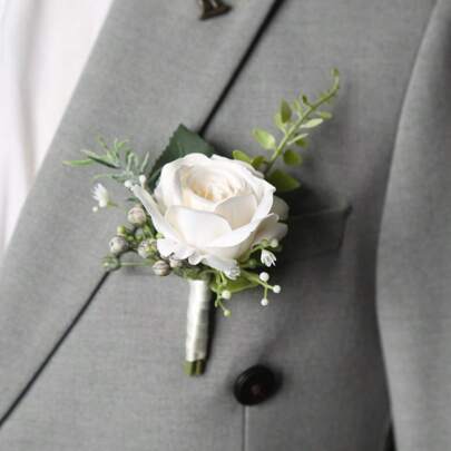 1pc Groomsmen & Bridesmaid Hand Corsage & Boutonniere Set, Beige Rose Artificial Flower Wedding Party Decor Valentine's Day Valentines