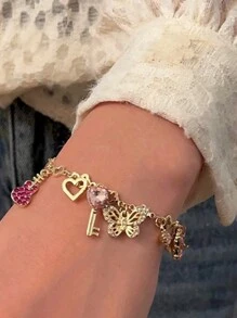 1 Peça Pulseira Feminina com Design de Borboleta, Coração, Música, Guitarra e Zircônia, Pingente de Cristal Rosa Doce e Suave, Acessório de Mão, Dia dos Namorados, Dia das Mães, Presente