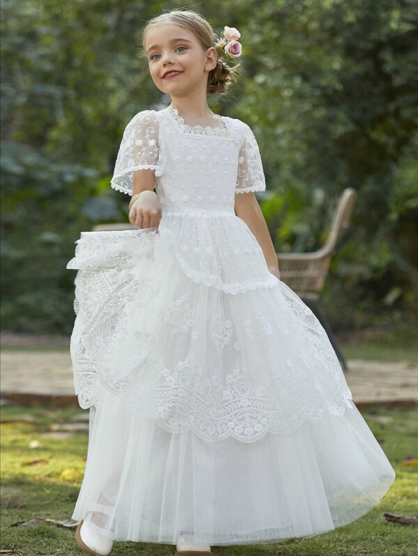 Vestido de malla de mangas cortas para niñas preadolescentes con escote cuadrado, patrón floral. Adecuado para niña de las flores, fiesta de bodas y ocasiones formales.