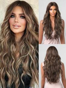 26 Inch Brown Highlight Long Body Natural Wave Synthetic Wig For Women Middle Part Natural Looking Wig For Girl Daily School Mother Day Wear Use - 彩色 - 查看 3