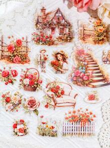 CANDY POETRY 30pcs/Pack Garden Landscape Style Stickers For Journaling, Vintage Aesthetic Stickers For Diy Decoration And Collage, Personalized Scrapbook Material, School Stationery Supplies Back To School - Purple - View 3