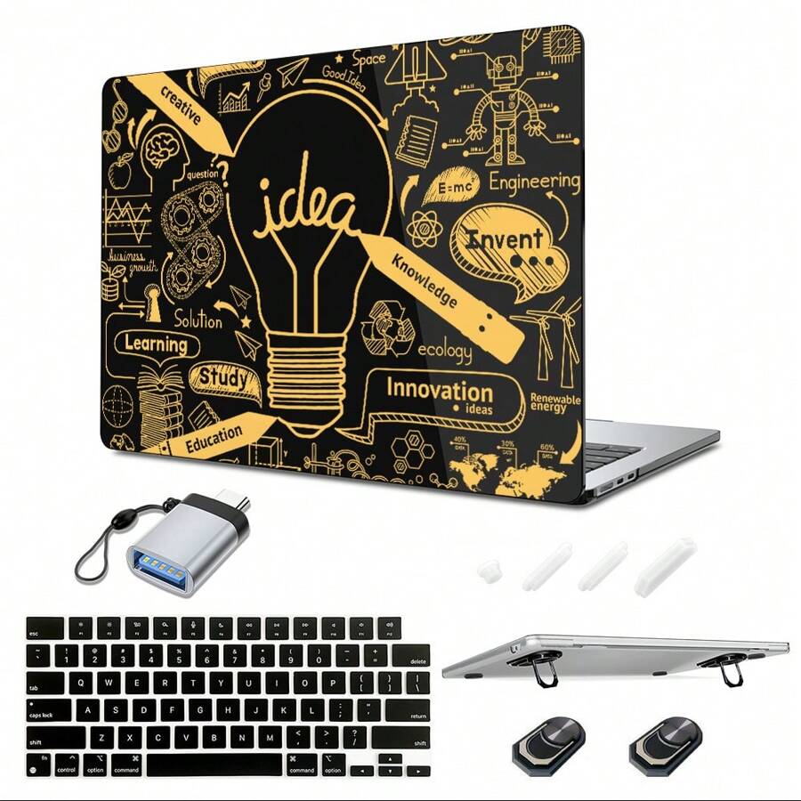 適用於macbook Air Pro 13.3 13.6 14.2 15.4 15.3 16.2英寸的筆記本電腦保護套,適用於m1 M2 M3 Pro/max 2010-2024年款式。黑色水晶硬殼套+鍵盤膜+迷你攜帶支架+otg轉換器