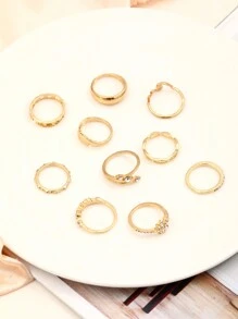 11pcs Gold Luxury Rhinestone Women's Alloy Ring Set Elegant Retro Jewelry Love Butterfly