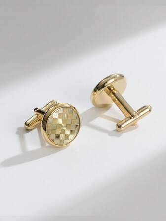 1 Pair High-End Brass Chessboard Patterned Cufflinks, Fashionable French Shirt Accessory For Men