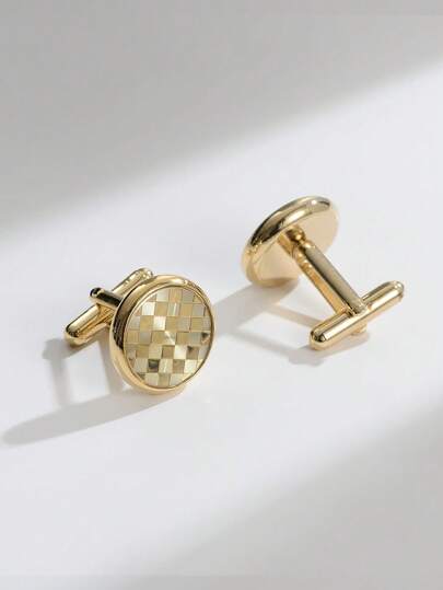 1 Pair High-End Brass Chessboard Patterned Cufflinks, Fashionable French Shirt Accessory For Men