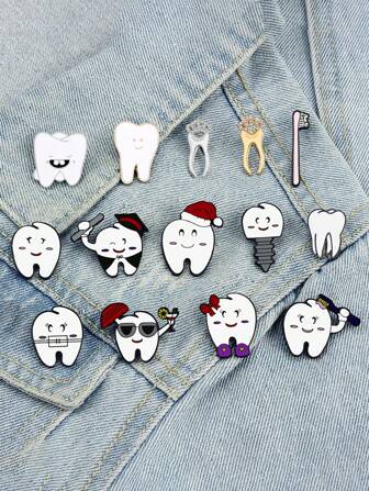 14pcs/Set Of European And American Dental Care, Fun, Funny Expressions, Christmas Hats, Cute Accessories, Alloy Badges, Brooches, Badges
