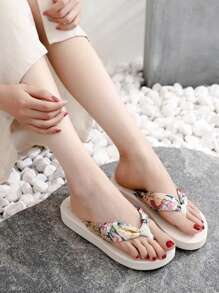 女士波西米亞風格絲光聚酯翻邊拖鞋,休閒沙灘涼鞋,舒適款式戶外拖鞋
