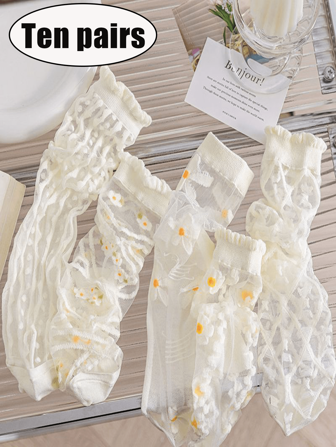 10 Pairs Of Women's Spring And Summer Silk Thin Flower Korean Internet Celebrity Korean Japanese Girls Everything Cute Stockings Suitable For Daily Use