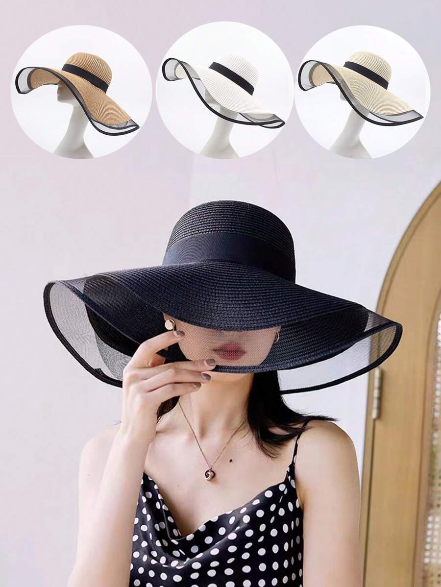 1 chiếc mũ vành rộng che mặt, kiểu dáng thanh lịch, chất liệu organza, thích hợp cho nữ, mùa hè, che nắng, chống tia UV, thích hợp cho Halloween, đi biển, nghỉ mát. - Nhiều màu - Xem 1