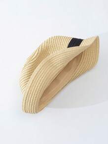 1pc Unisex Kids' Black Band Decorated Simple & Stylish Natural-Colored Panama Straw Hat With Upturned Brim, Suitable For Outdoor Activities And Beach Vacation - Beige - View 5