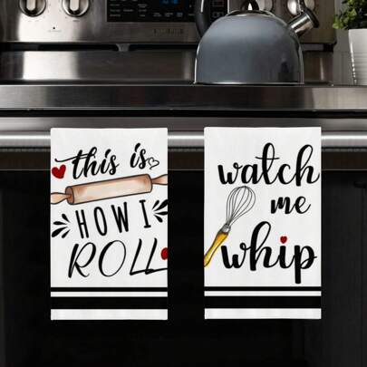 2 件趣味厨房毛巾和洗碗布套装，印有文字，适用于烹饪、烘焙、家居装饰和厨房清洁，节日茶巾厨房配件 - 乔迁礼物、派对礼品、厨房、浴室、家居、家居供应商