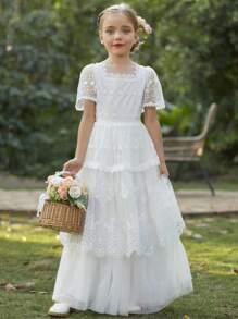 Đầm lưới tay ngắn cổ vuông họa tiết hoa cho bé gái Tween. Thích hợp cho cô gái bán hoa, tiệc cưới và những dịp trang trọng. - trắng - Xem 5