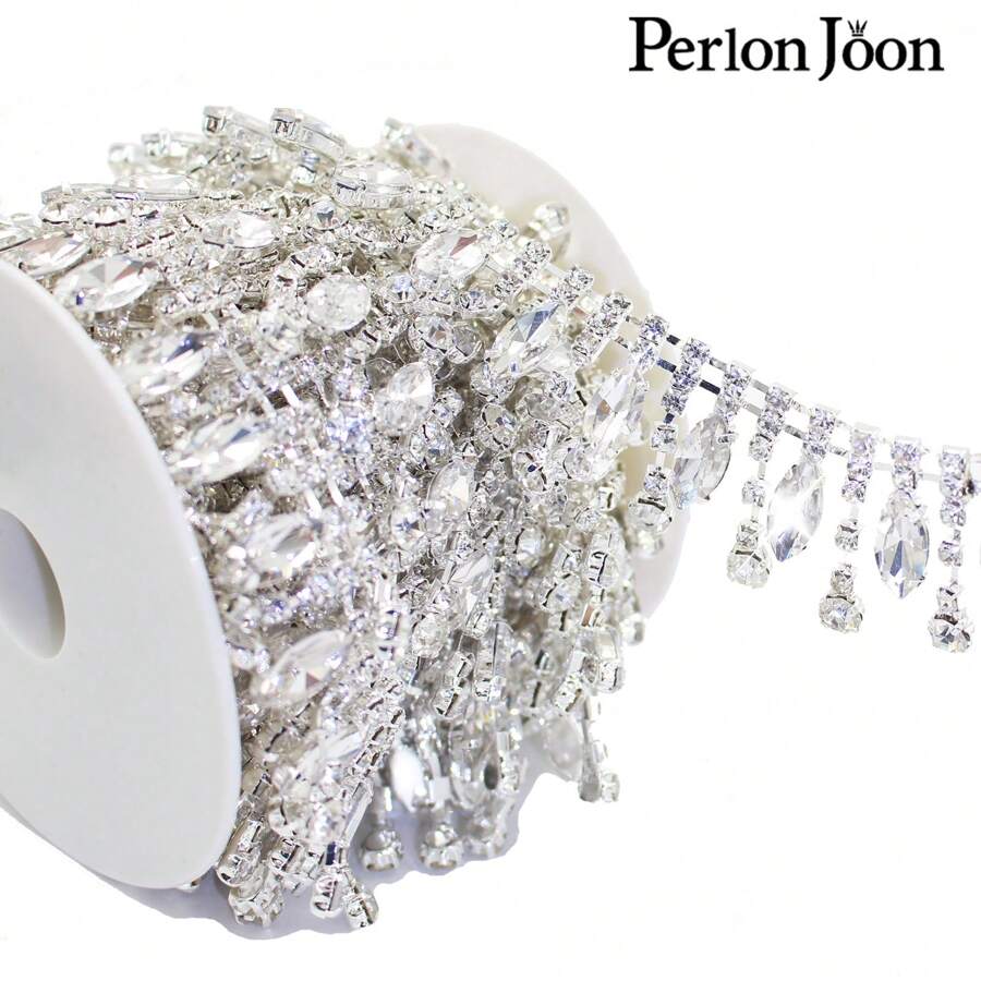 Perlon Joon 1 Yard Vàng Thả AB Màu Rhinestone Trim Nhiều Màu Pha Lê Vàng Chuỗi Cho Phụ Nữ Quần Áo Trang Trí Giày Dép Phụ Kiện - Bạc - Xem 1