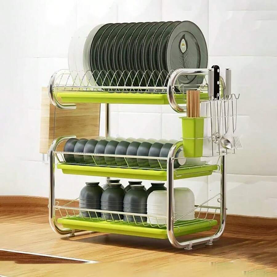 LIVINGANDHOME Living And Home 3 Layers Dish Drainer Rack,Compact Stainless Steel Dish Drying Rack With Drain Tray,Cutting Board Holder And Cutlery Holder,Kitchen Organizer Storage Shelf For Countertop - 綠色 - 查看 1