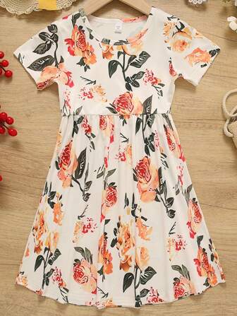 Young Girl Lovely Casual Flower Print Round Neck Pullover Short Sleeve Dress For Summer