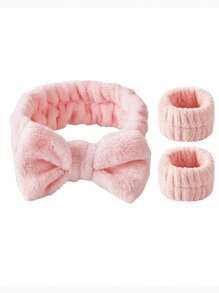 3 Cái/bộ Bộ Băng Đô Quấn Tóc Mới Để Rửa Mặt, Sấy Tóc Và Tạo Kiểu, Bao Gồm Dây Đeo Tay Nơ - Màu Hồng baby - Xem 1