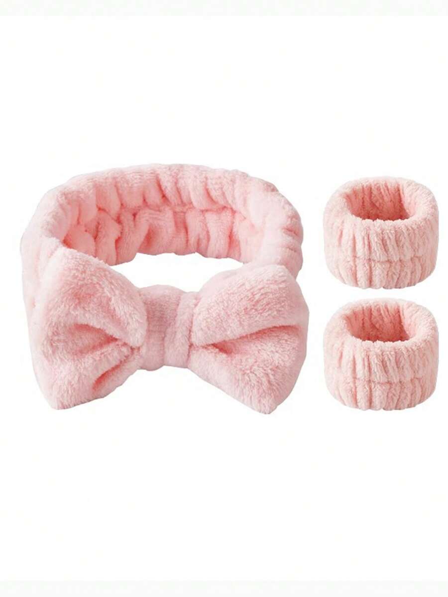 3 Cái/bộ Bộ Băng Đô Quấn Tóc Mới Để Rửa Mặt, Sấy Tóc Và Tạo Kiểu, Bao Gồm Dây Đeo Tay Nơ - Màu Hồng baby - Xem 1