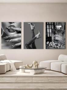 3pcs Modern Feminine Canvas Poster, Luxury Shiny Wall Art, Black And White Home Decoration, Ideal Gift For Living Room, Bedroom, Office, Hallway, Dining Room, Hotel Wall Decoration, Room Decoration, Modern Style Canvas Painting, Room Art, Printed Picture, Unframed Gifts Birthday Graduation