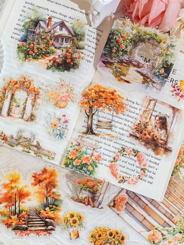 CANDY POETRY 1pack/30pcs Garden Landscape Sticker Set For Journaling, Vintage Aesthetics Decoration, Diy Collage Material For Holiday Gift, Personalized Scrapbook & Stationery Supplies Back To School School Supplies
