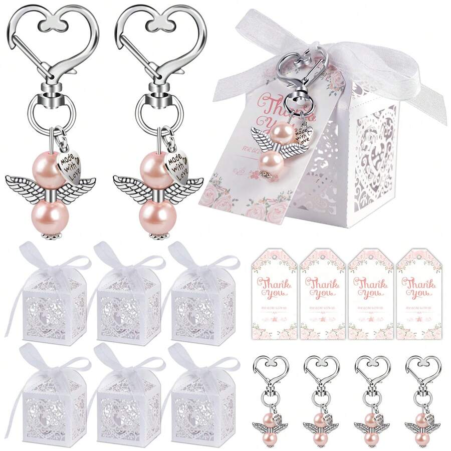 72 Pezzi Bomboniere Battesimo, Portachiavi a forma di Angeli, Scatole Bomboniera Battesimo, Sacchetti Bianchi In Organza Con Laccio, Etichette Di Ringraziamento Per Baby Shower, Battesimo, Festa Di Compleanno, Matrimonio, Regali Per Gli Ospiti, Torna a Scuola, San Valentino