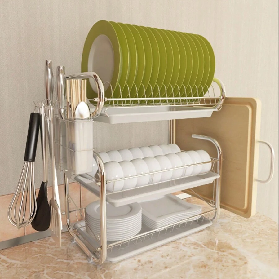 LIVINGANDHOME Living And Home 3 Layers Dish Drainer Rack,Compact Stainless Steel Dish Drying Rack With Drain Tray,Cutting Board Holder And Cutlery Holder,Kitchen Organizer Storage Shelf For Countertop - White - View 1