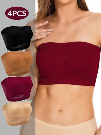 4pcs/Set Women's Strapless Pure Black Bras, Comfortable, Breathable, Anti-Slip, Wireless, No Padding