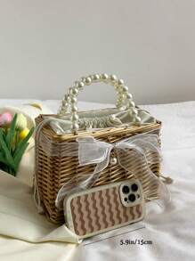 New Wedding Vine Ribbon Drawstring Square Pearl Handbag Woven Straw Tote Basket Bowknot Favor Gift