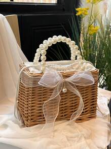 New Wedding Vine Ribbon Drawstring Square Pearl Handbag Woven Straw Tote Basket Bowknot Favor Gift