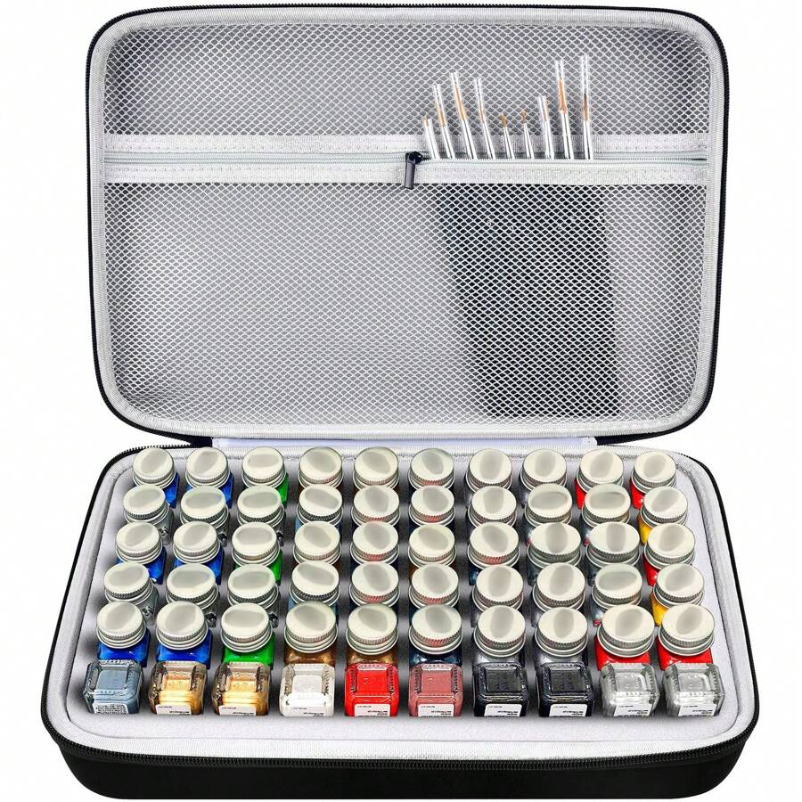 ALKOO Model Paint Storage Case Compatible With Testors Paint Set, Paints Organizer Carrying Bag Holds 60 Bottles With 9 Fine Detail Miniatures Paint Brushes, Enamel Paint Container - Grey - View 1