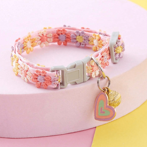 1 Piece Colorful Embroidered Floral Decoration Cat And Dog Collar With Bell Pet Necklace Exquisite Cat And Puppy Jewelry Accessories