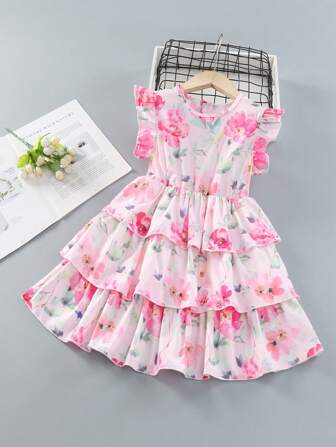 Tween Girls Sleeveless Floral Print Ruffle Hem Sweet Princess Summer Dress, Suitable For Outdoor And Holiday Wear