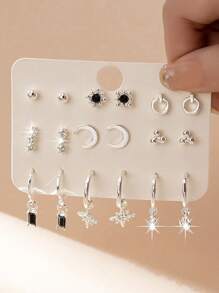 9 pares Brincos de Argola e Brincos de Strass de Prata/Ouro/Ouro Rosa/Preto Elegante, Fofo, Simples e Casual da Moda Europeia e Americana, Adequado para Uso Diário, Férias, Presente, Joia para Mulheres