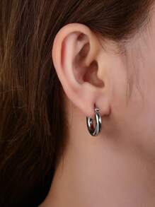 1pair Stainless Steel Mini Round Earrings - Silver - View 4