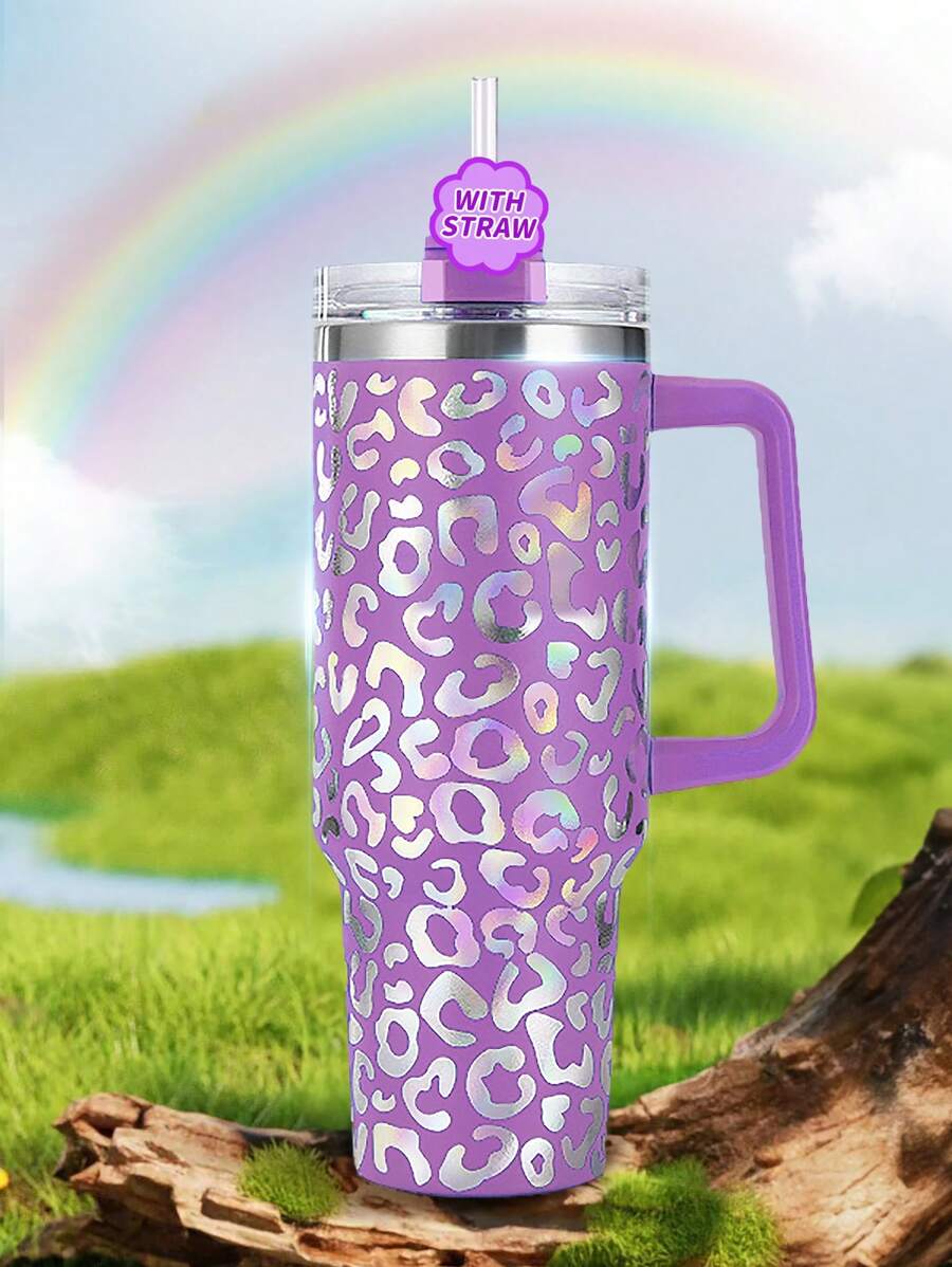 1入40盎司大容量不銹鋼真空保溫水瓶,配有吸管和杯蓋,印花設計（豹紋、骷髏、國旗等）,適用於戶外露營,可重複使用的旅行杯 - 紫色 - 查看 1