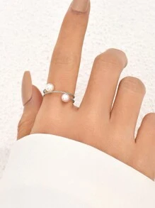 1入組可調節開口戒指，附有包覆珍珠裝飾 - 銀色 - 查看 2