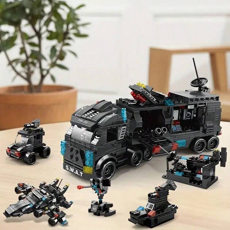 Bloques de construcción de modelo de estación de policía de 8 EN 1 con temática de la policía de la ciudad, incluye helicóptero, coche y figuras, juguete educativo, regalo de Navidad, regalo para actividades entre padres e hijos, decoración de habitaciones, regalos de invierno, regalos de Acción de Gracias, piezas de colores, policía, juguetes para niños, avión - Negro - Añade 6